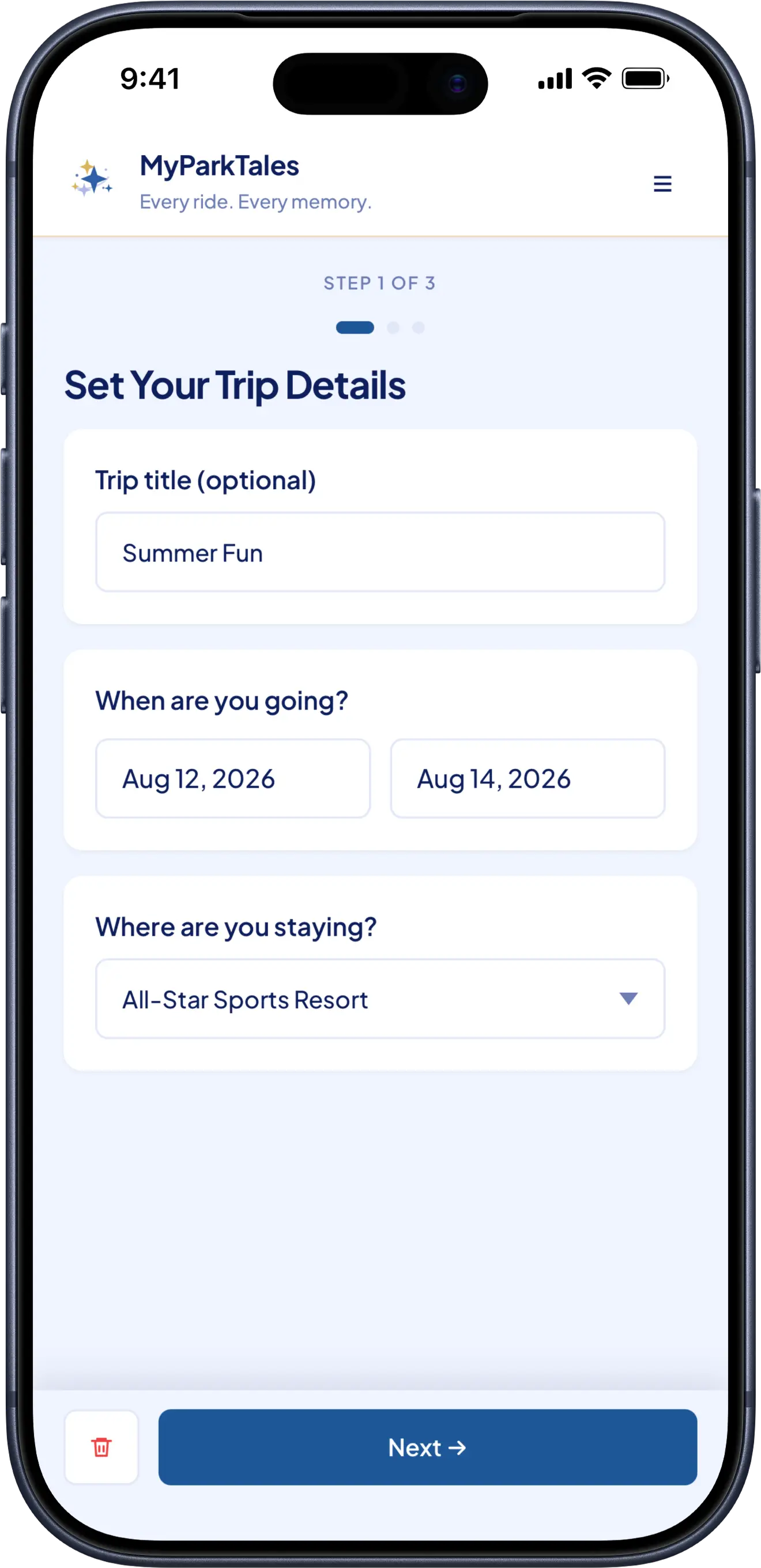 Create Trip screenshot showing trip details, dates, hotel, and party setup