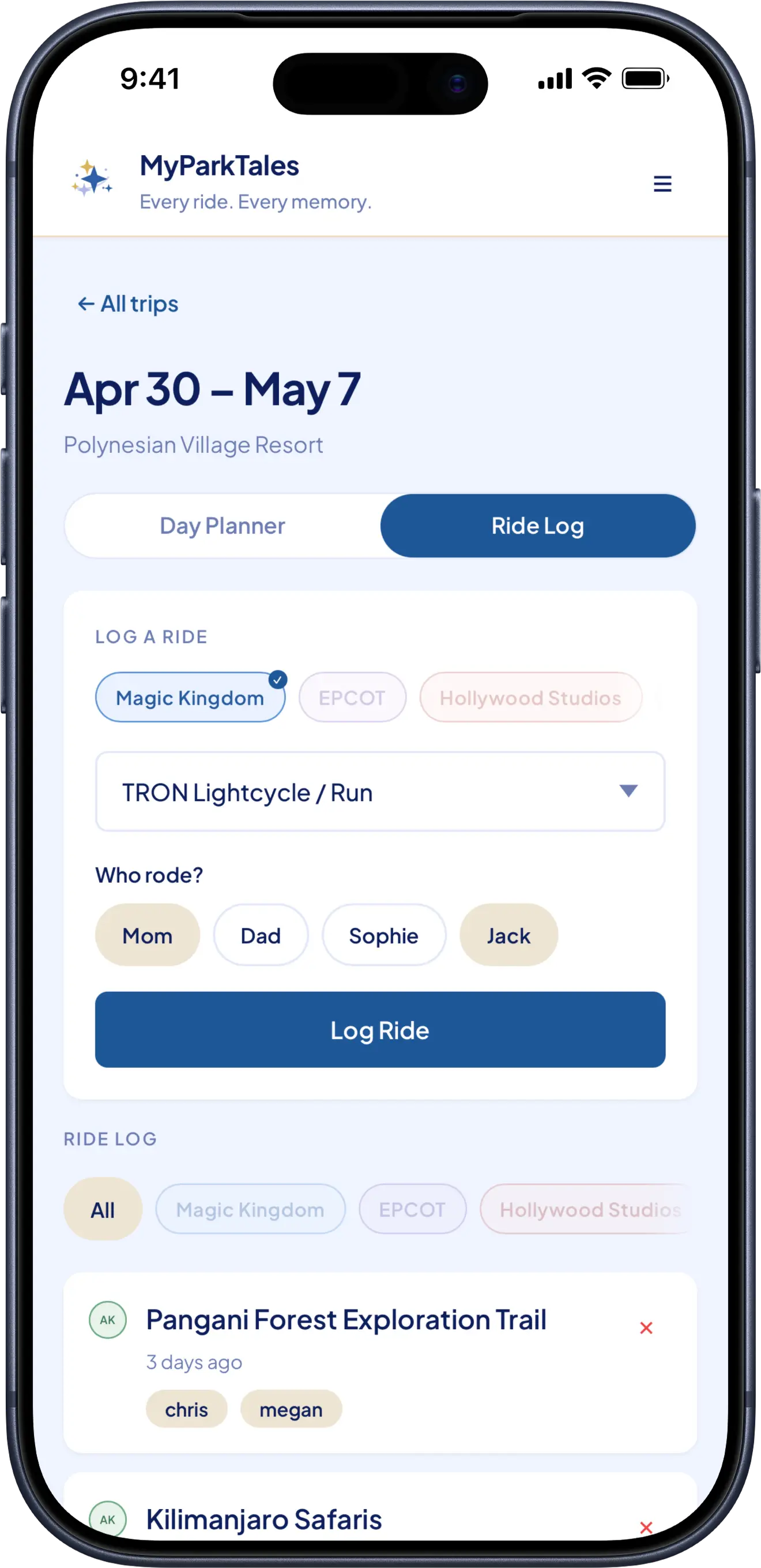 MyParkTales Ride Log screen with a ride selected and party members listed